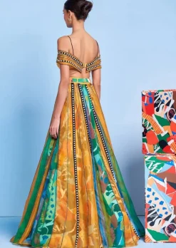 Legermash Panelled Lehenga with Rhinestone Off-Shoulder Blouse