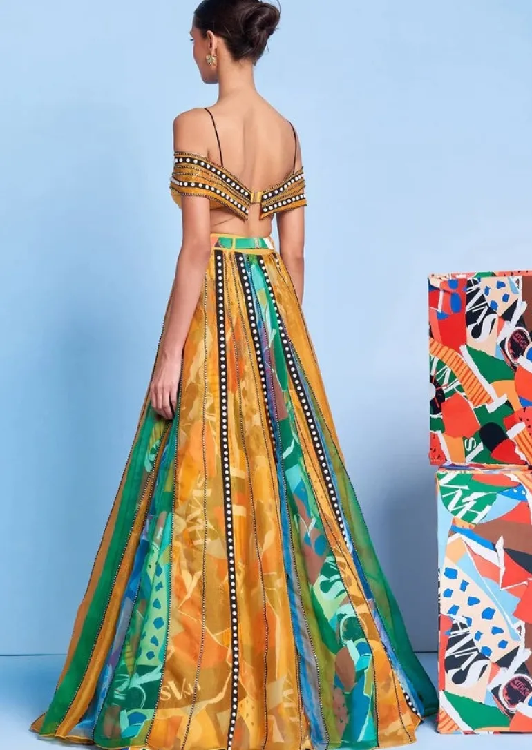 Legermash Panelled Lehenga with Rhinestone Off-Shoulder Blouse