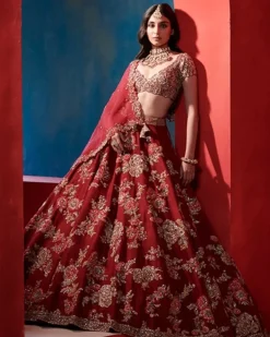 Leia Burgundy Big Floral Jaal Bridal Lehenga Set