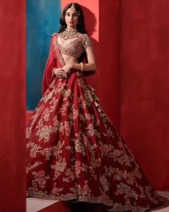 Leia Burgundy Big Floral Jaal Bridal Lehenga Set