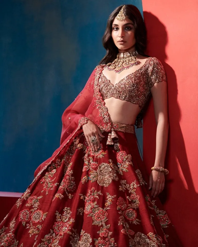 Leia Burgundy Big Floral Jaal Bridal Lehenga Set