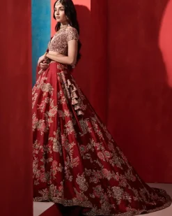 Leia Burgundy Big Floral Jaal Bridal Lehenga Set