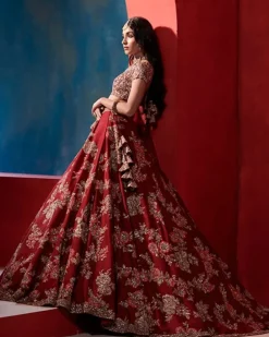 Leia Burgundy Big Floral Jaal Bridal Lehenga Set