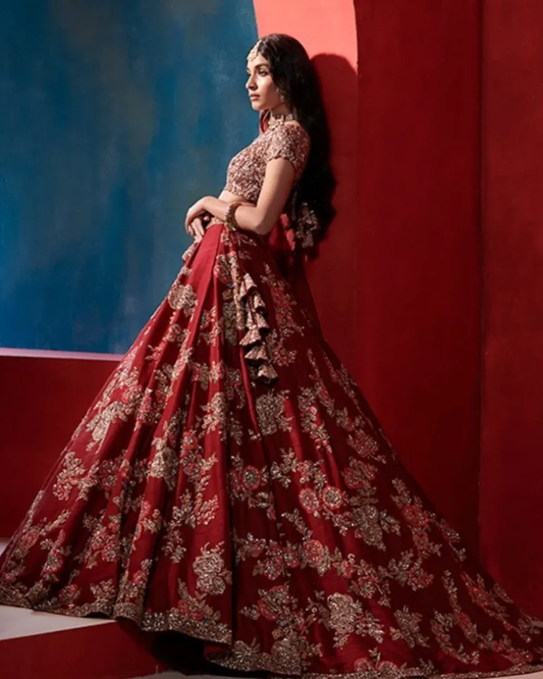 Leia Burgundy Big Floral Jaal Bridal Lehenga Set