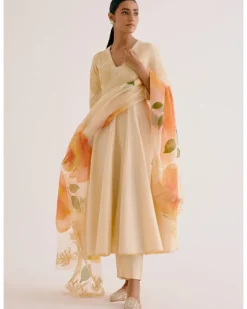 Lemon Yellow Cotton Silk Blend Hand-Painted Anarkali Set