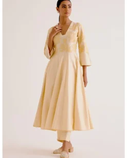 Lemon Yellow Cotton Silk Blend Hand-Painted Anarkali Set