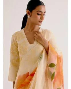 Lemon Yellow Cotton Silk Blend Hand-Painted Anarkali Set