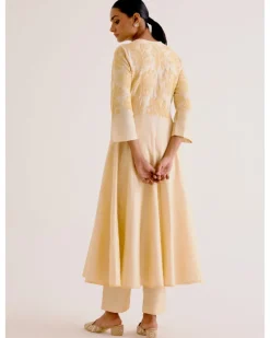 Lemon Yellow Cotton Silk Blend Hand-Painted Anarkali Set