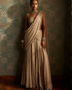 Light Beige Georgette Pre Draped Sari Set