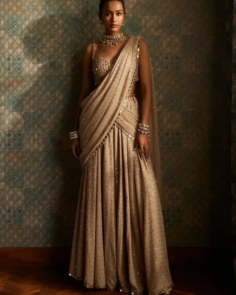 Light Beige Georgette Pre Draped Sari Set