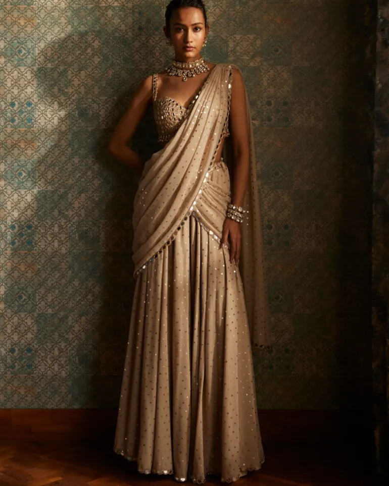 Light Beige Georgette Pre Draped Sari Set