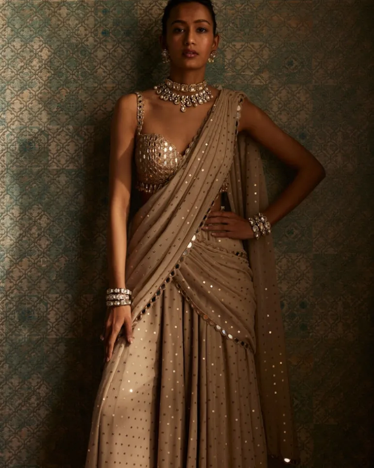 Light Beige Georgette Pre Draped Sari Set