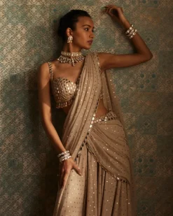Light Beige Georgette Pre Draped Sari Set