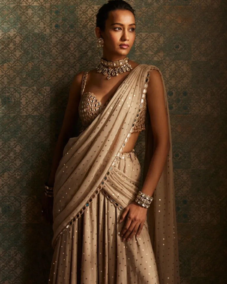 Light Beige Georgette Pre Draped Sari Set
