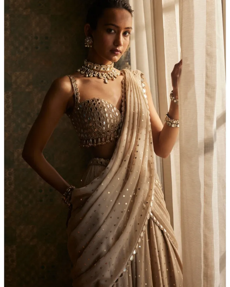 Light Beige Georgette Pre Draped Sari Set