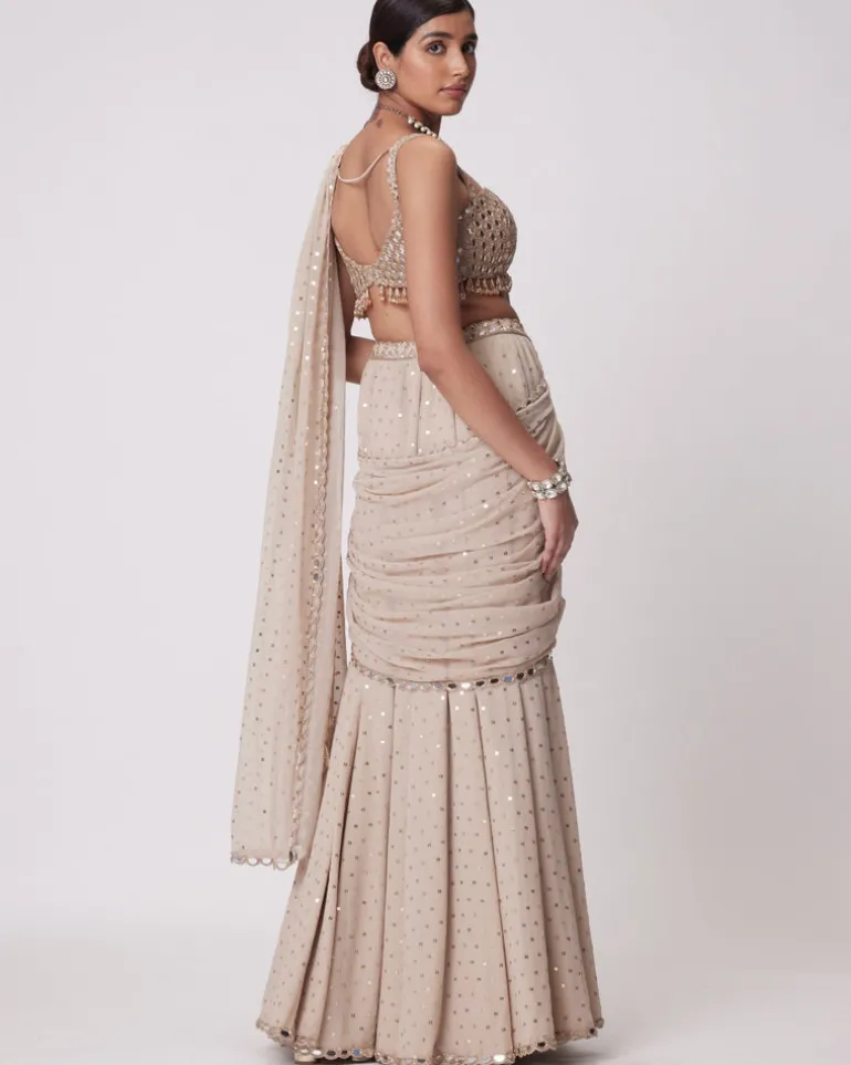 Light Beige Georgette Pre Draped Sari Set
