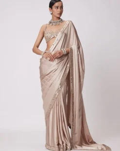 Light Beige Satin Sari Set