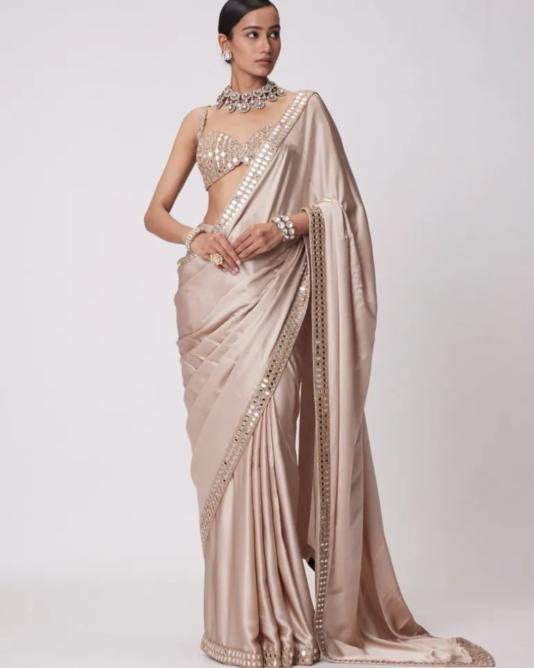 Light Beige Satin Sari Set