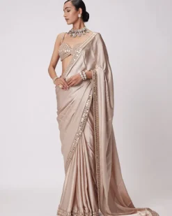 Light Beige Satin Sari Set
