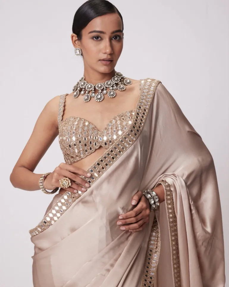 Light Beige Satin Sari Set