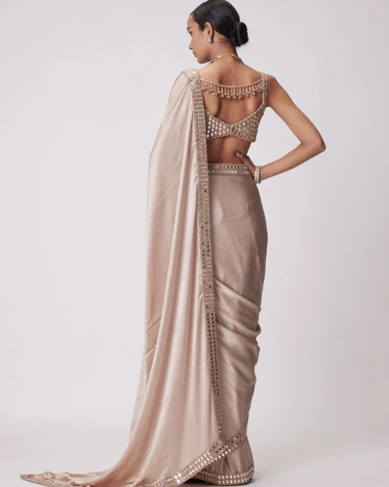 Light Beige Satin Sari Set