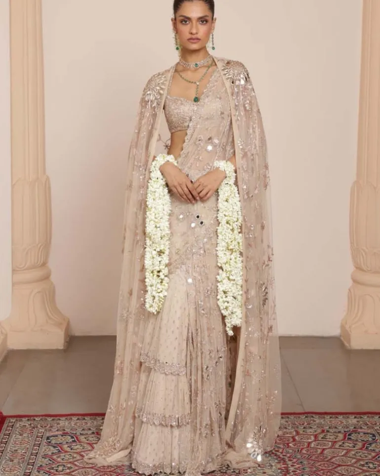 Light Nude Tulle Sari Set