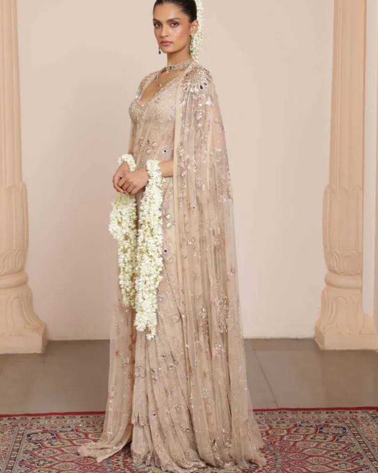 Light Nude Tulle Sari Set