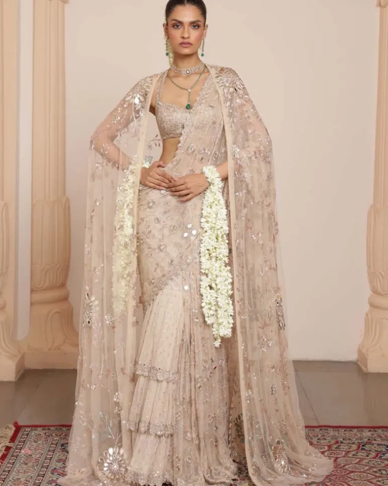 Light Nude Tulle Sari Set