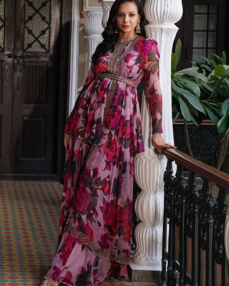 Lilac Chiffon Floral Peplum Set