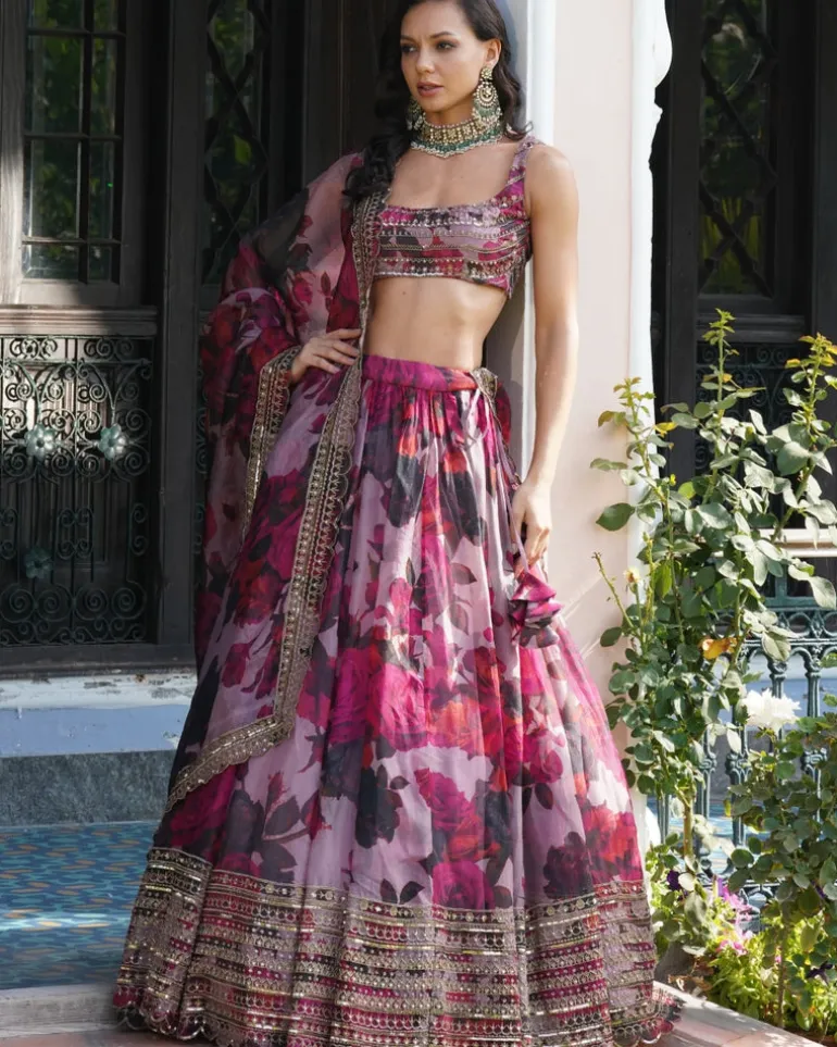 Lilac Organza Floral Lehenga Set