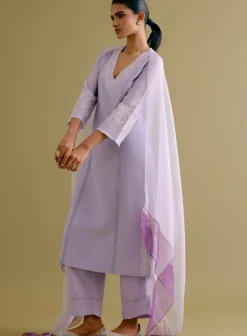 Lilac Silk Chanderi Dori Embroidered Kurta Set