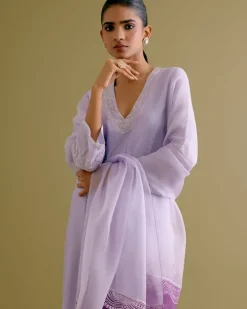 Lilac Silk Chanderi Dori Embroidered Kurta Set