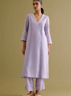 Lilac Silk Chanderi Dori Embroidered Kurta Set