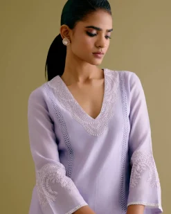 Lilac Silk Chanderi Dori Embroidered Kurta Set