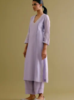 Lilac Silk Chanderi Dori Embroidered Kurta Set