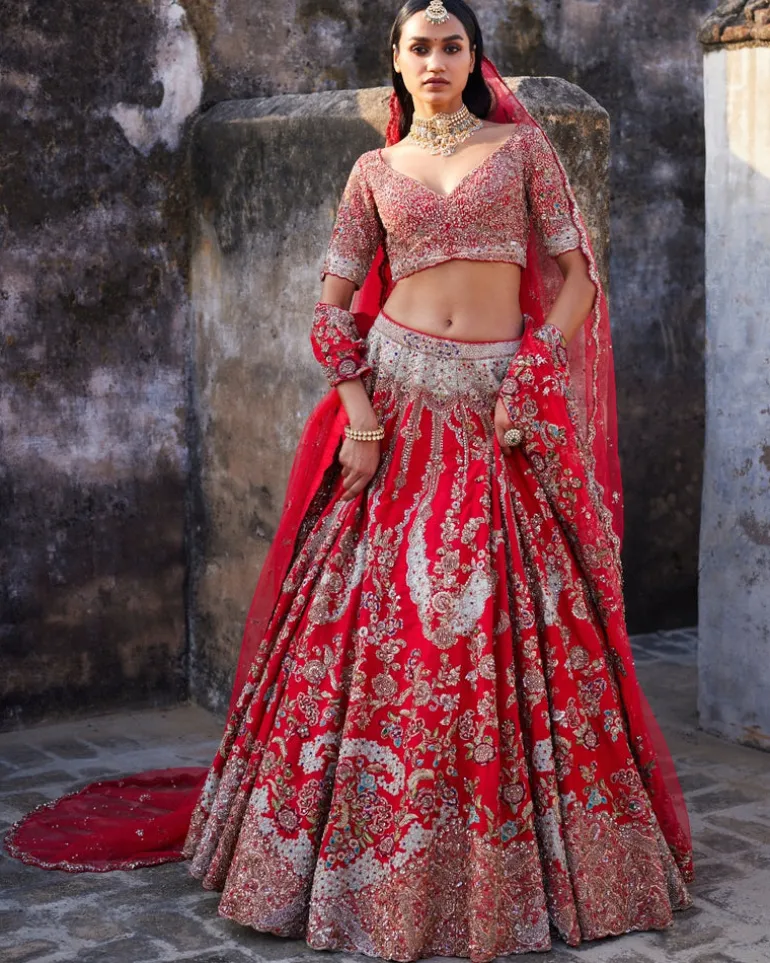 Lillian Red Raw Silk Bridal Lehenga Set