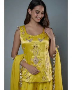 Lime Green Embroidered Kurta And Embroidered Sharara Set