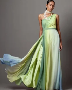 Lime Ombre Dusk One Shoulder Gown Set