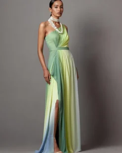 Lime Ombre Dusk One Shoulder Gown Set