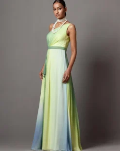 Lime Ombre Dusk One Shoulder Gown Set