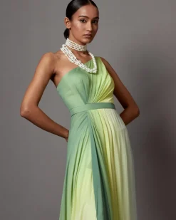 Lime Ombre Dusk One Shoulder Gown Set