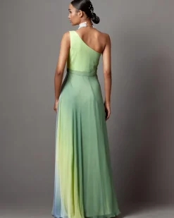 Lime Ombre Dusk One Shoulder Gown Set