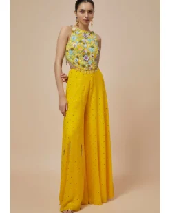 Lime Yellow Embroidered Back Tie-Up Choli And Sharara Set