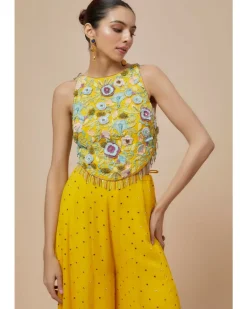 Lime Yellow Embroidered Back Tie-Up Choli And Sharara Set