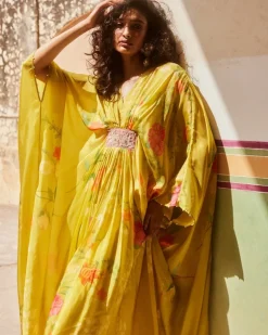 Lime Yellow Floral Habutai Kaftan