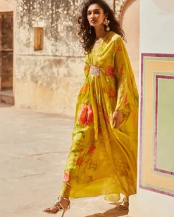 Lime Yellow Floral Habutai Kaftan