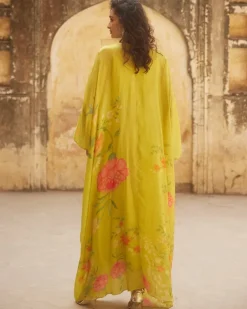 Lime Yellow Floral Habutai Kaftan