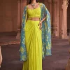 Lime Yellow Floral Print and Highlighted Crop Top and Skirt Set
