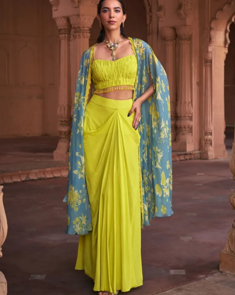 Lime Yellow Floral Print and Highlighted Crop Top and Skirt Set