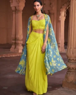 Lime Yellow Floral Print and Highlighted Crop Top and Skirt Set